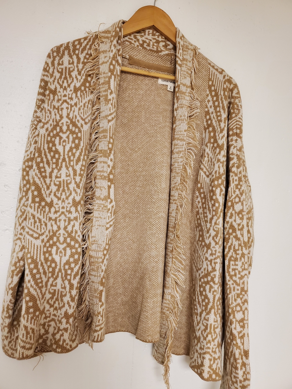 Lucky Brand Cream and Tan Fringe Open-Front Cardigan
